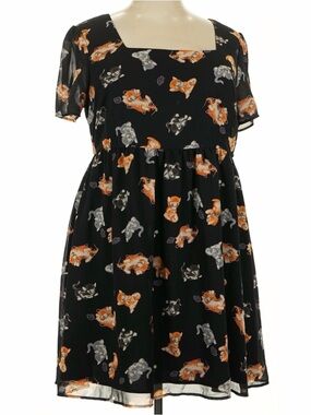 Dangerfield Black Short Sleeve Dress with Orange & Gray Cat Print